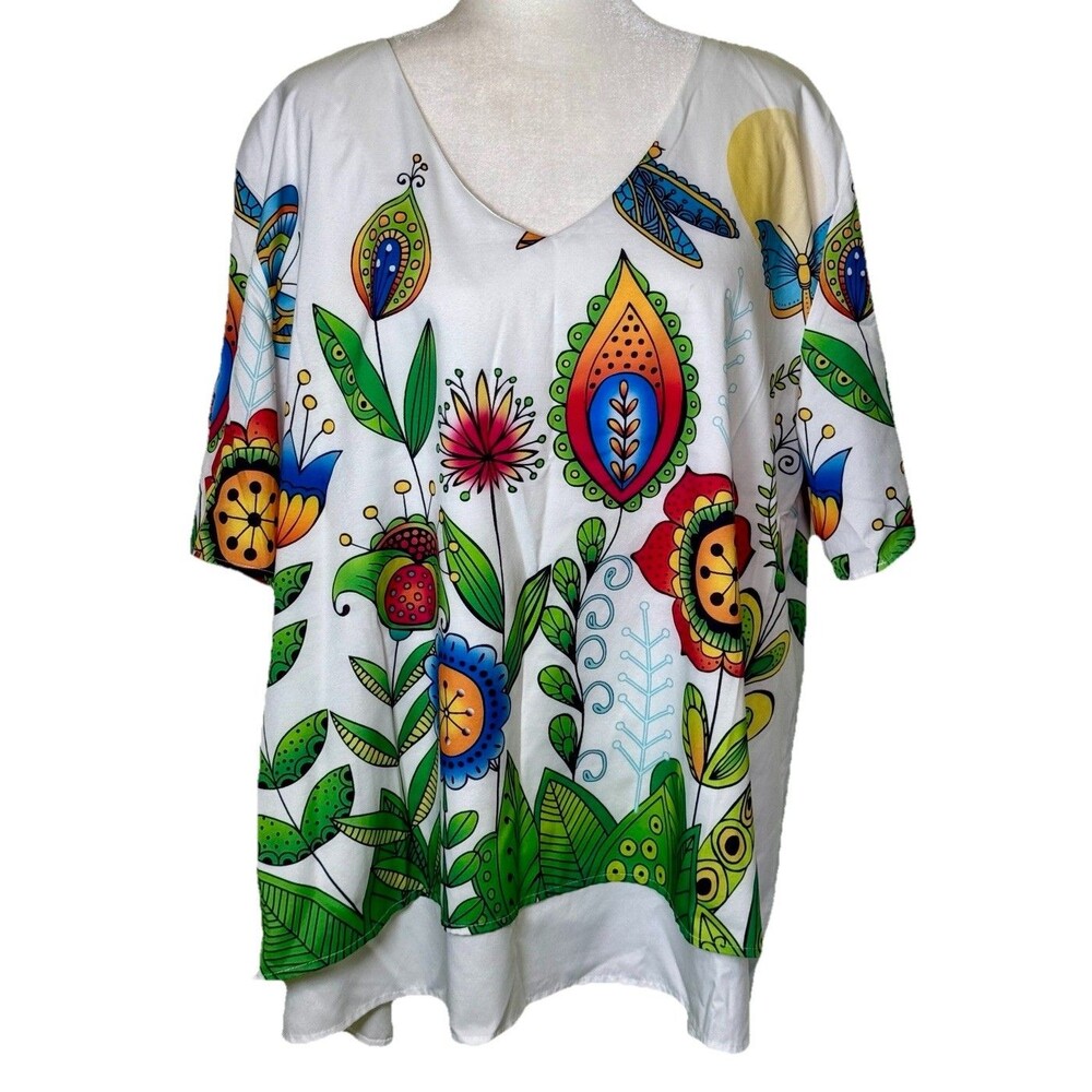 Misslook Women's Boho Artsy Colorful Floral Print Oversized Hippie Shirt Sz XL